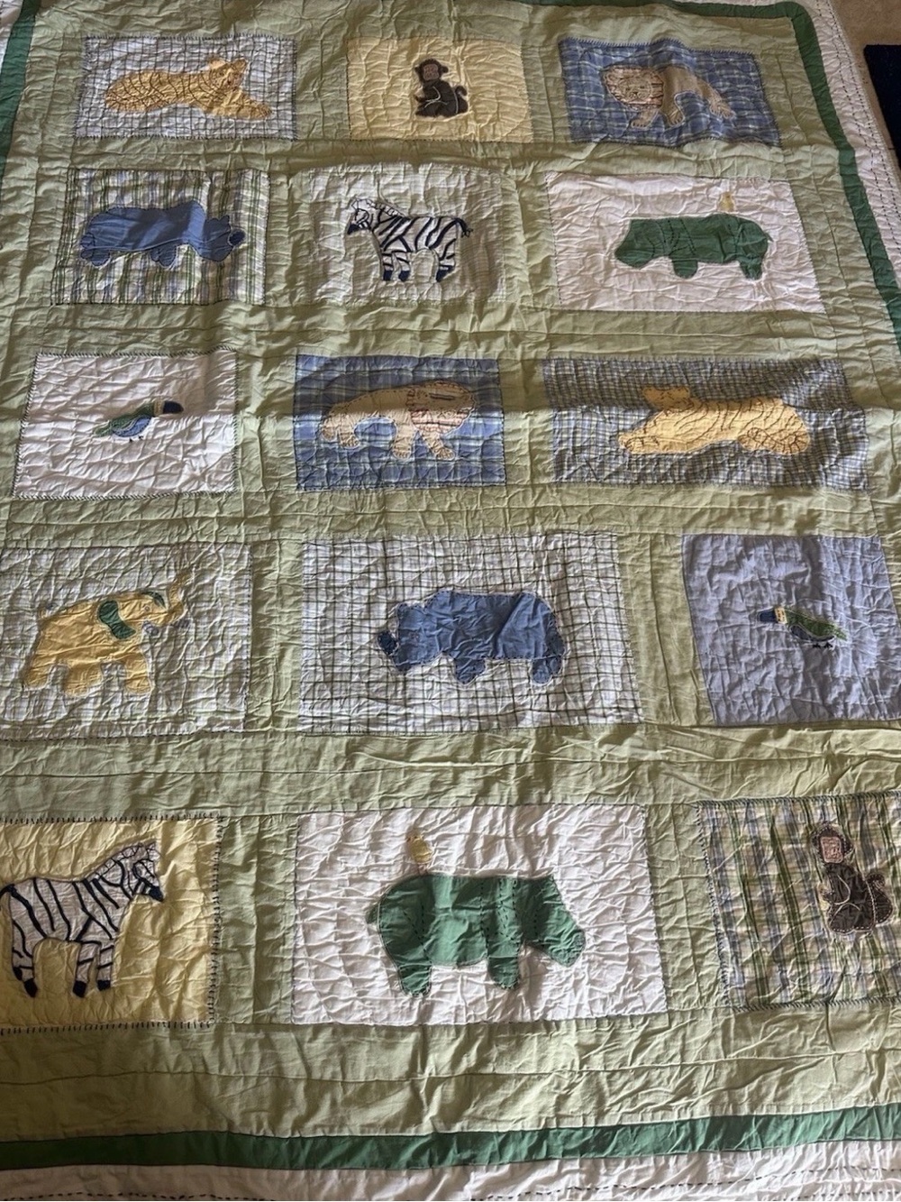 Pottery Barn Kids Twin Quilt Safari Jungle Animal Patchwork Green Cotton Bedding